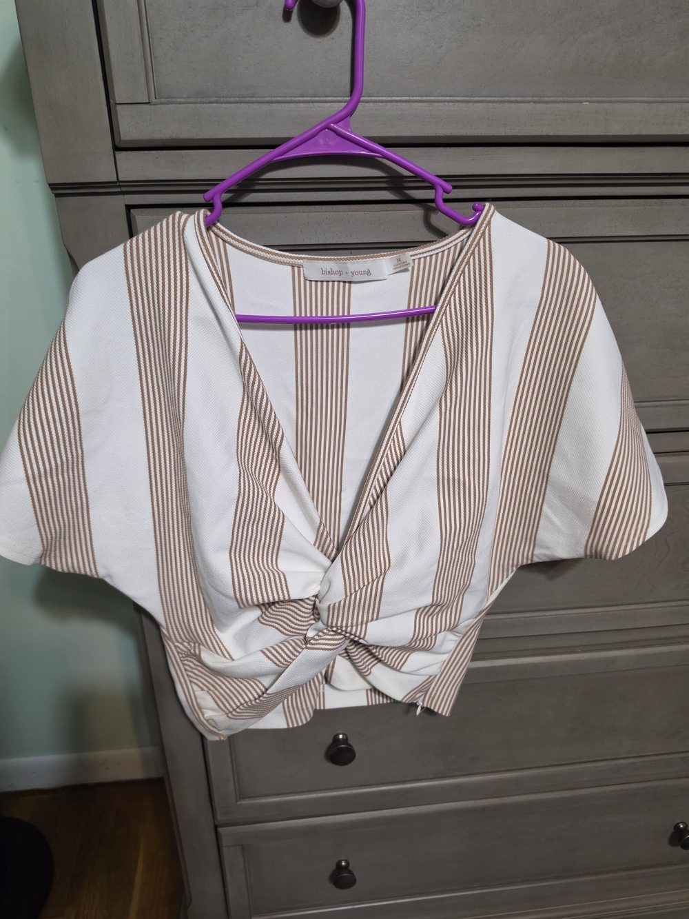 bishop + young White and Tan Striped Knot-Front Crop Top